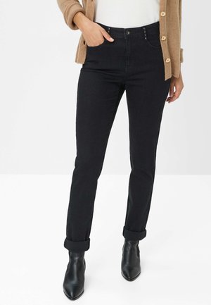Sorte denim jeans med slim fit, der har sidelommer, opfoldede manchetter og en klassisk knap- og lynlås lukning.