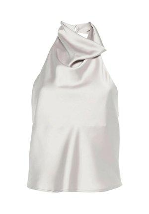 Mouwloze witte satijnen haltertop met gedrapeerde halslijn en ritssluiting aan de achterkant.