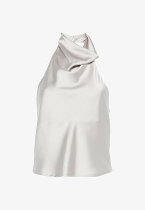 Mouwloze witte satijnen haltertop met gedrapeerde halslijn en ritssluiting aan de achterkant.