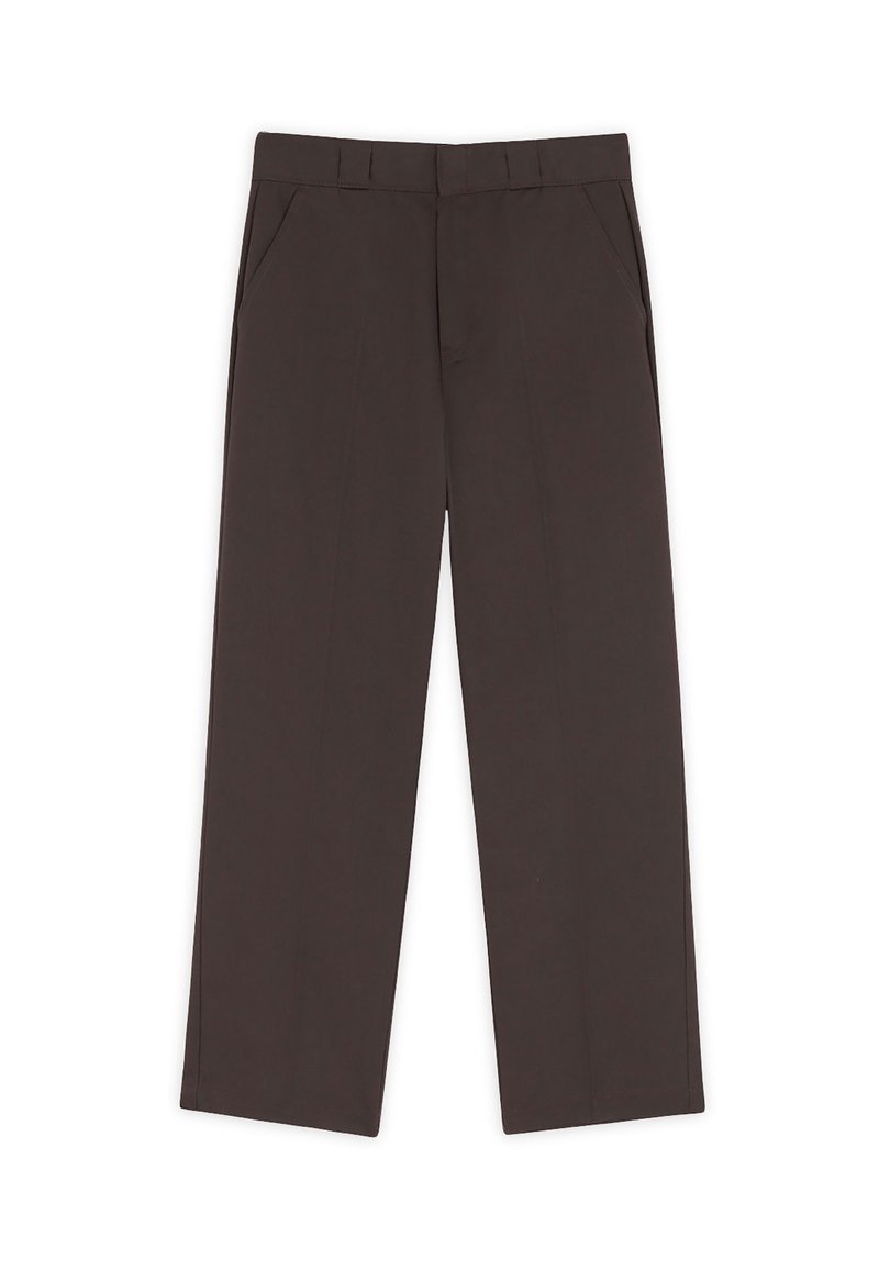 Pantalones de pierna ancha marrones con una textura suave, bolsillos frontales y un diseño de frente plano. La cinturilla tiene pasadores para cinturón para mayor comodidad.