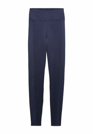 Marineblå leggings med høj talje, ribstrikkede sidepaneler, tætsiddende pasform og ankellængde, designet til træning eller afslappet brug.