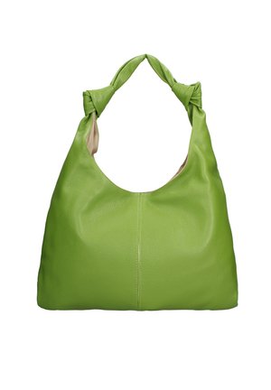 Groene leren hobo tas met een soepele textuur, voorzien van een gedraaide handgreep en een open top ontwerp met een beige voering.