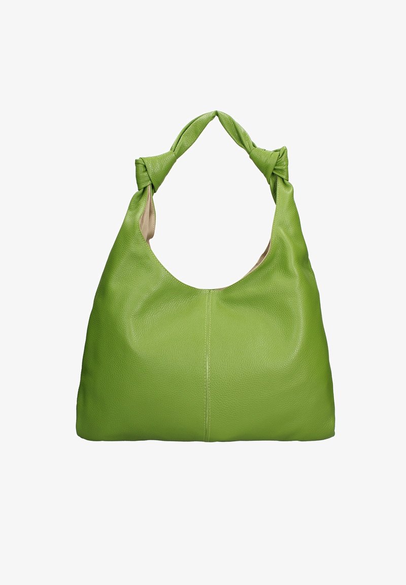 Groene leren hobo tas met een soepele textuur, voorzien van een gedraaide handgreep en een open top ontwerp met een beige voering.