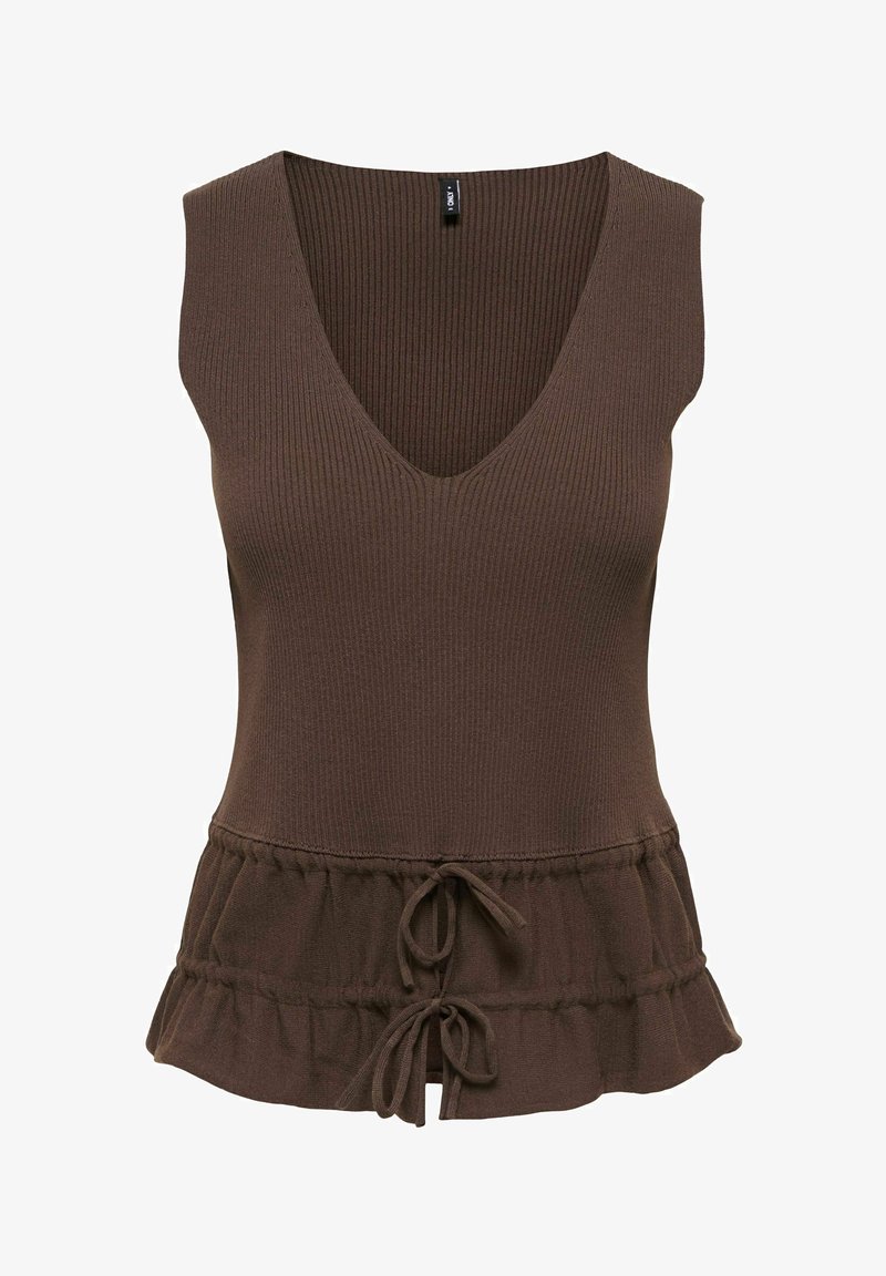 Top marron en maille côtelée sans manches avec col en V et deux cordons à nouer à la taille froncée.