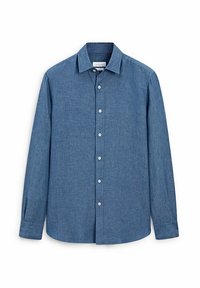 Langärmliges blaues Hemd aus strukturiertem Stoff, mit durchgehender Knopfleiste, klassischem Kragen und weißen Knöpfen in gerader Schnittform.