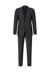 Dunkelgrauer zweiteiliger Anzug mit maßgeschneiderter Passform. Mit gekerbtem Revers, einreihiger Knopfleiste und strukturiertem Stoff. Gerade geschnittene Hose.