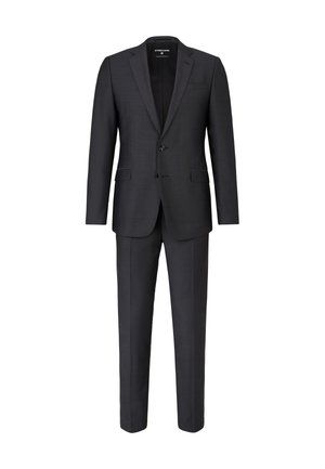 Ciemnoszary garnitur dwuczęściowy o dopasowanym kroju. Posiada klapy z wcięciem, zapięcie na pojedynczy guzik oraz fakturowaną tkaninę. Spodnie o prostych nogawkach.
