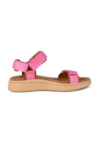 Pink sandals with wide straps, a cushioned insole, and a lightweight beige sole. Textured straps provide a secure fit.