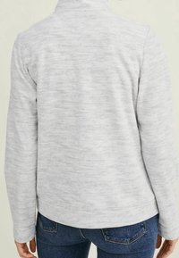 Svetle šedá fleecová bunda s vysokým límcem, dlouhými rukávy a hebkým povrchem, zachycena zezadu na neutrálním pozadí.