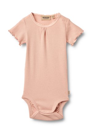 Světlounce růžové žebrované body s krátkými rukávy, ozdobným vroubkovaným límečkem a cvočky na rameni a ve spodní části pro snadné oblékání.