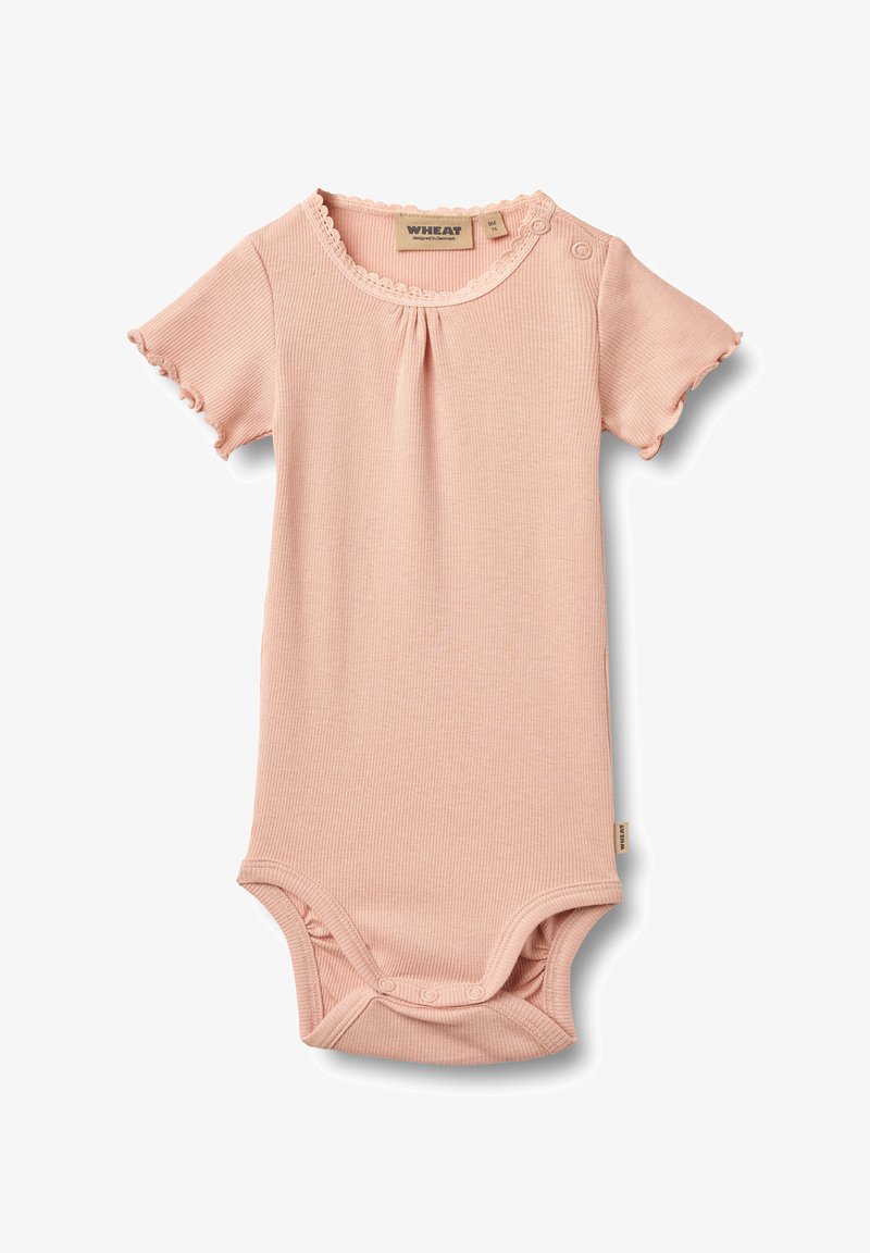 Body à côtes rose clair avec manches courtes, col festonné et fermetures pressionnées à l'épaule et à l'entrejambe pour un habillage facile.