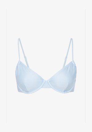 Lyseblå bikinitopp med triangulært design, laget av glatt stoff, med tynne justerbare stropper og rynkede sidet detaljer.