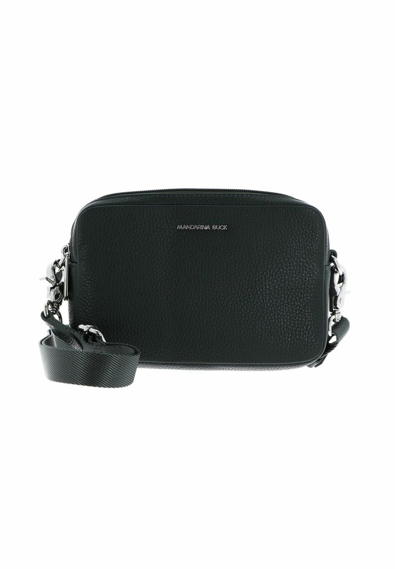 Sac bandoulière rectangulaire en cuir noir texturé avec fermeture éclair argentée, bandoulière amovible et petit logo métallique à l'avant.