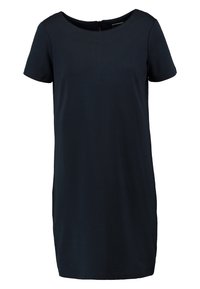 Granatowa sukienka, krótki rękaw, okrągły dekolt, gładki materiał, długość do kolan, zamek z tyłu, minimalistyczny design bez wzorów czy akcentów.