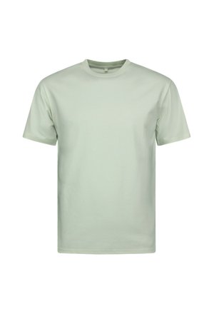 Effen lichtgroene T-shirt met korte mouwen en ronde hals, afgebeeld op een witte achtergrond.