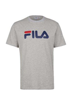 Gray cotton t-shirt featuring a large FILA logo in navy and red across the chest. Classic crew neck and short sleeves.
