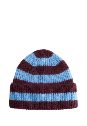 Knit beanie featuring alternating stripes of dark burgundy and light blue. Soft texture with a rolled brim and a rounded crown.
