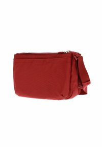Borsa a tracolla rossa in tessuto con chiusura a zip, superficie texturizzata e tracolla regolabile, dotata di tasca frontale per ulteriori spazi di archiviazione.