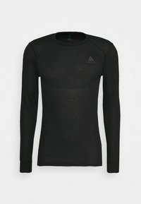 Schwarzes langärmeliges Thermoshirt mit Rundhalsausschnitt, aus einem leichten Stoff gefertigt, mit einem dezenten Logo auf der Brust und enganliegenden Bündchen.