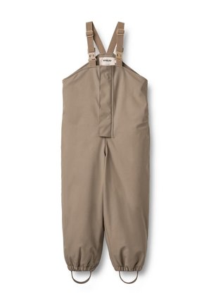 Beige vandtætte overaller lavet af glat materiale med justerbare brune stropper, elastiske manchetter og en lomme foran.