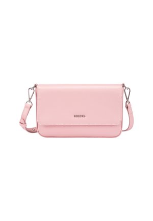 Pink leather crossbody bag with a flap closure, silver hardware, and adjustable strap. Features a smooth texture and embossed logo.