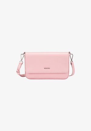 Pink leather crossbody bag with a flap closure, silver hardware, and adjustable strap. Features a smooth texture and embossed logo.