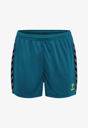 Teal sports shorts made from lightweight fabric. Features black side stripes with a geometric pattern and a small yellow logo on the front.