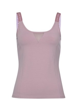 Light mauve sleeveless top with branded shoulder straps and a small mesh triangular inset at the neckline, fitted style.