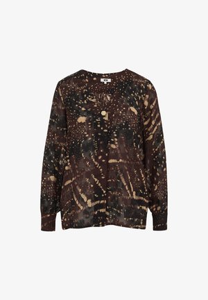 Langärmlige Bluse aus transparenter Stoff mit einem braun-schwarzen abstrakten Muster, mit V-Ausschnitt und einem einzigen Knopfverschluss an der Brust.