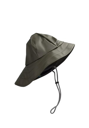 Green waterproof sun hat with a wide brim, featuring textured sides and a chin strap for secure fitting. Logo detail on the front.