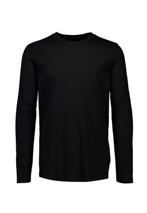 Zwarte langemouwen crew neck shirt, eenvoudige stijl, recht van voren weergegeven op een witte achtergrond.