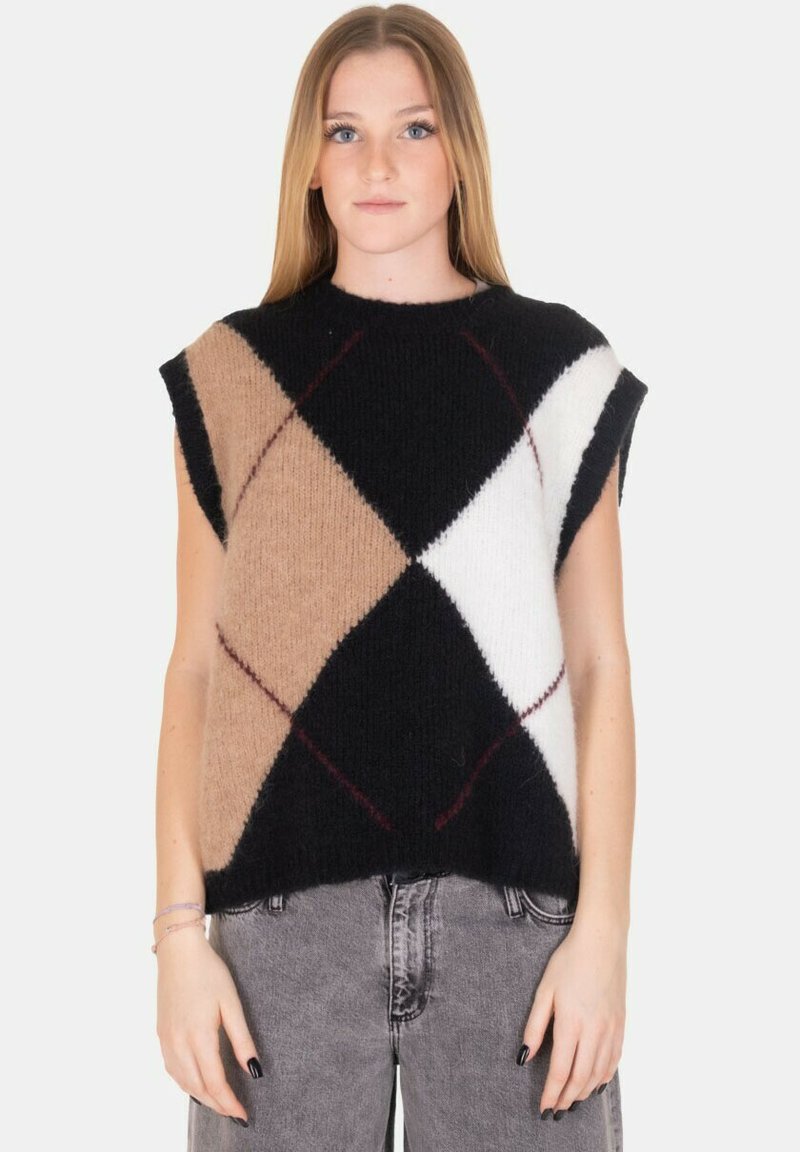 Maglione a maniche corte con motivo a rombi nero, marrone chiaro e bianco, con vestibilità ampia, finitura testurizzata e bordature rosse.