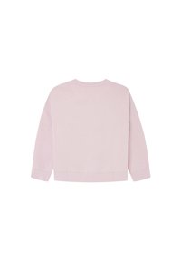 Ljusrosa sweatshirt med långa ärmar, rundad halsringning, ribbade cuffs och nederkant. Mjuk textur syns i tyget.