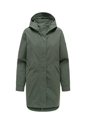 Lang mørkegrønn hetteparkas med frontglidelås og sidelommer, designet for beskyttelse mot kaldt vær.