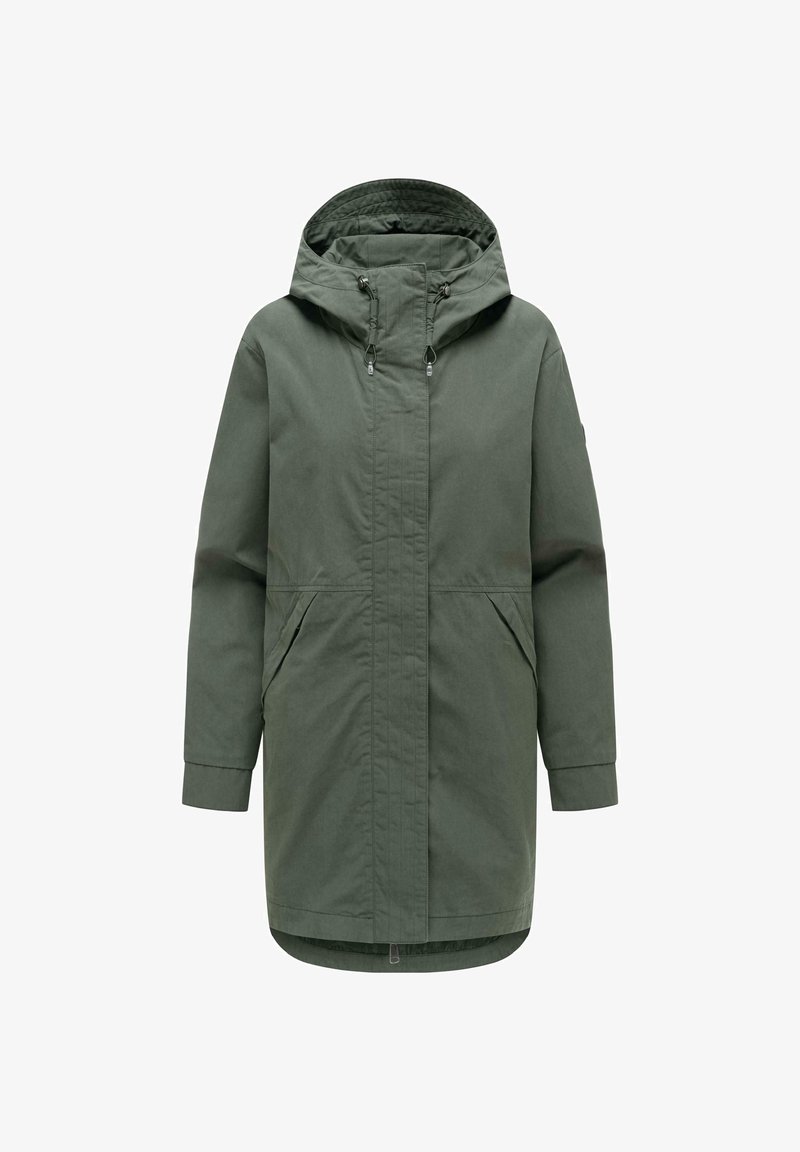 Langer dunkelgrüner Kapuzenparka mit Frontreißverschluss und Seitentaschen, entworfen für Schutz bei kaltem Wetter.