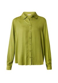 Zelená saténová košile s dlouhými rukávy, zapínáním na knoflíky vpředu, límečkem a nařasenými manžetami. Hladká textura s volným střihem.