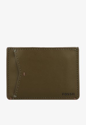 Olijfgroene leren portemonnee, slanke rechthoekige vorm, stevige stiksels, met een accent uitsnijding en een gegraveerd logo in de onderste hoek.