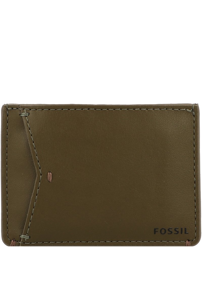 Olive green leather wallet, slim rectangular shape, sturdy stitching, features an accent cut-out, and embossed logo in the bottom corner.
