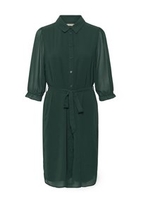 Metsaroheline kleit kergest kangast, millel on kaelakaelus, nööbid ees, kolmekvartikäsivarred ja sobiv vöö.