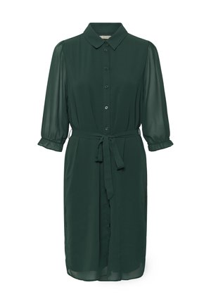 Miško žalios spalvos suknelė, pagaminta iš lengvo audinio, su apykakle, sagų priekyje, trijų ketvirčių rankovėmis ir derančiu diržu.