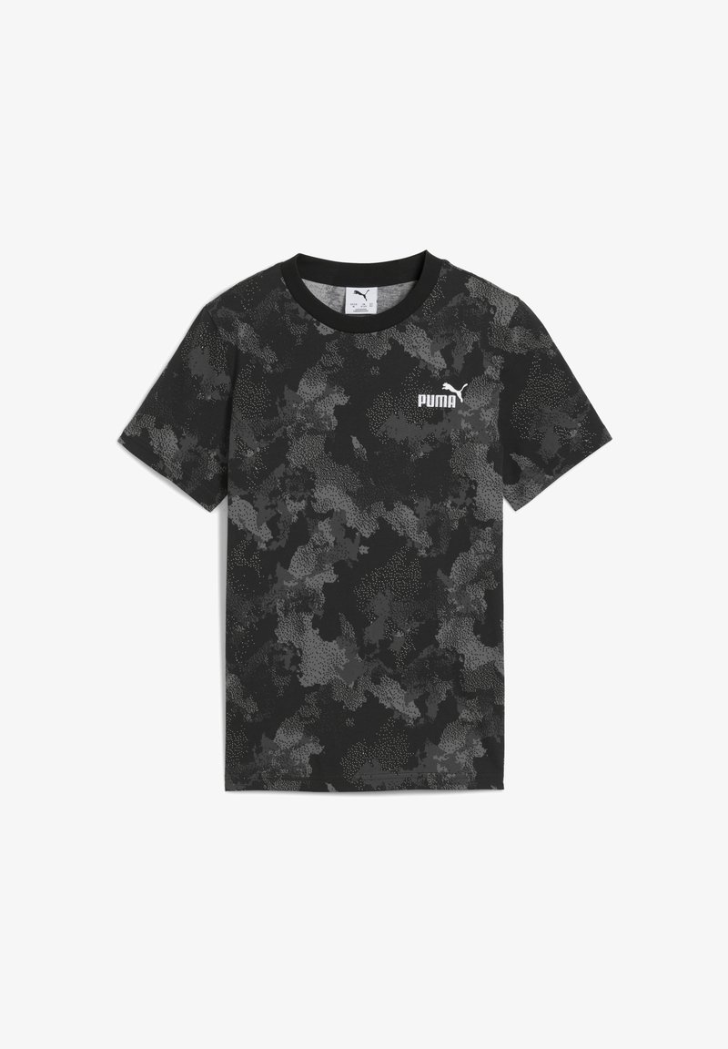 Melnās t-kreklas ar pelēku kamuflāžas rakstu, īsām piedurknēm un apaļu apkakli; kreisajā krūtīs ir balts Puma logo.