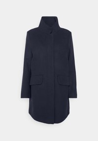 Mörkblå ullblandad kappa med hög krage, rak silhuett och två framfickor. Minimalistisk design utan synliga knäppningar.