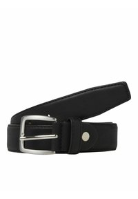 Ceinture en cuir noir avec une boucle en métal argenté, texture lisse et détails cousus le long des bords.