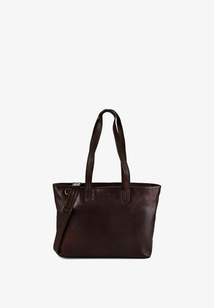Borsa tote in pelle marrone scuro con due manici lunghi e tracolla regolabile su sfondo bianco.
