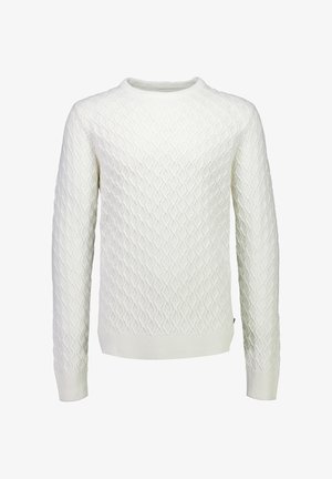 Pull en tricot blanc avec un motif en losanges texturé, col rond, et poignets et ourlet côtelés. Le tissu semble doux et épais.