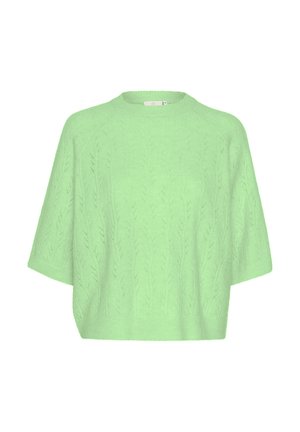 Vihreä neulepaita lyhyillä hihoilla, jossa on teksturoitu kuvio. Rypytetty kaula-aukko ja rento istuvuus, valmistettu pehmeästä, kevyestä materiaalista.