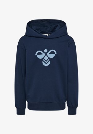 Marineblauer Hoodie mit hellblauem, stilisiertem Bienenlogo in der Mitte vorne, mit langen Ärmeln und Kapuze.