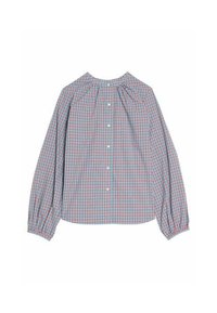 Chemise à carreaux à manches longues, avec un motif en grille bleu, rouge et blanc, encolure froncée et fermeture à boutons à l'arrière.