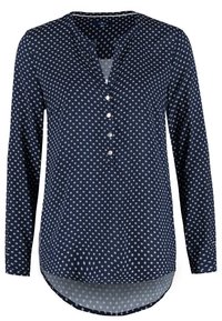 Blusa a maniche lunghe blu navy con placca di bottoni, scollo a V e un motivo floreale bianco su un tessuto liscio con orlo curvo.