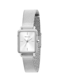 Silberne rechteckige Uhr mit einem weißen Zifferblatt, minimalistischen Stundenmarkierungen und einem Metallnetzband für ein elegantes Design.
